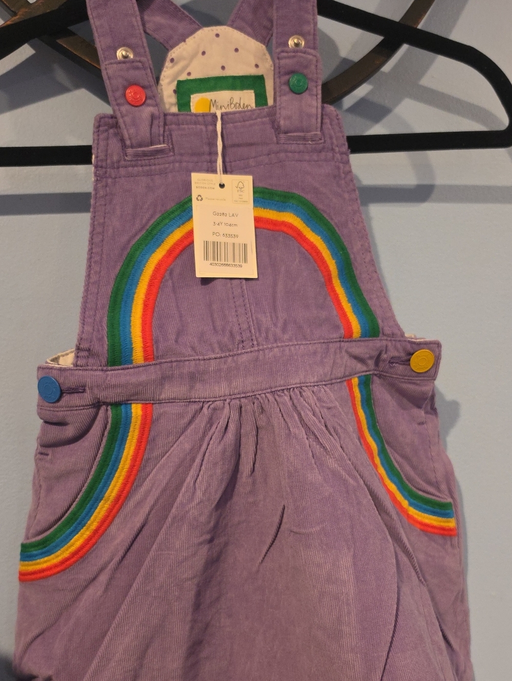 NWT Mini Boden Lavender Corduroy Rainbow Patch Overall Dress - Picture 3 of 11